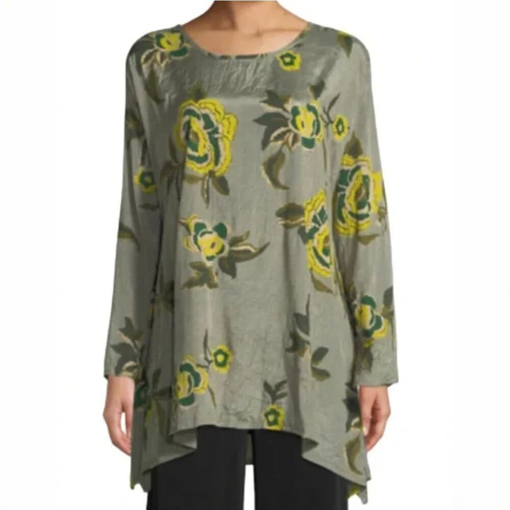 Masai Betony Floral Tunic Top Blouse M Olive Green Yellow
